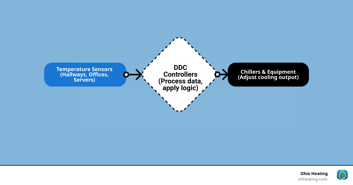 Infographic showing data flow from temperature sensors through DDC controllers to central cooling equipment - commercial