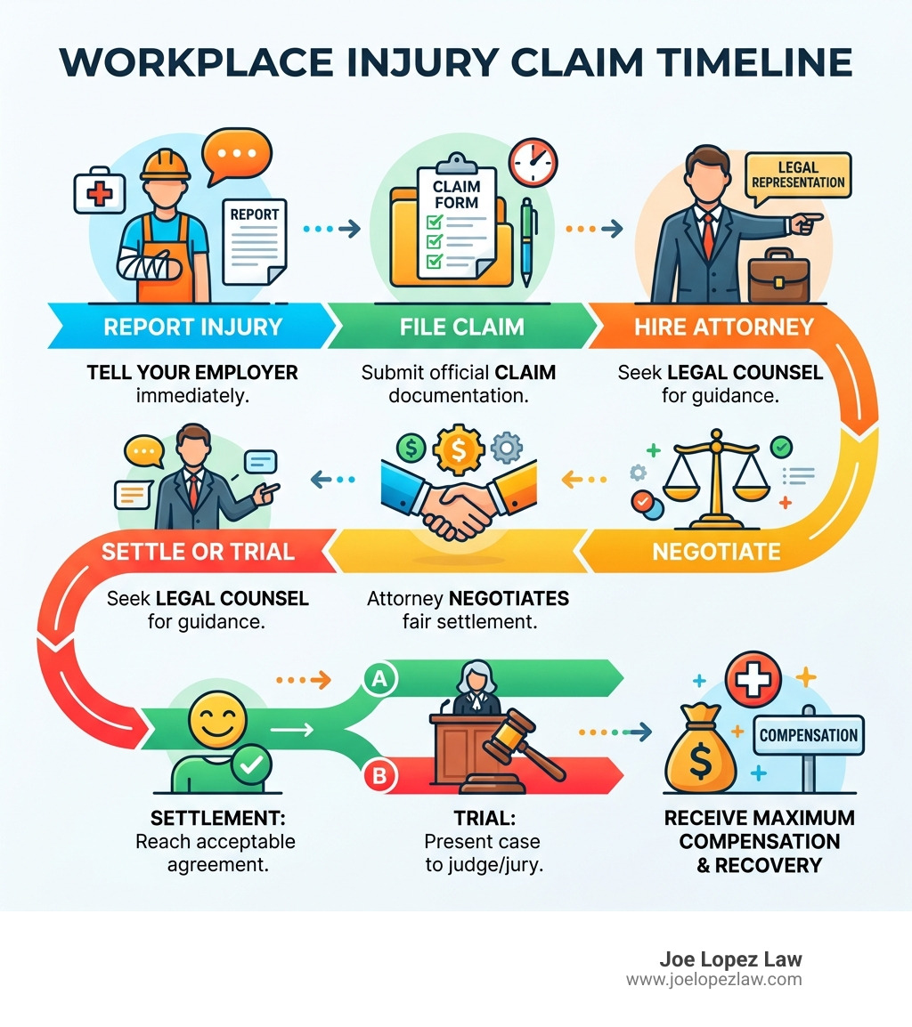 Workplace injury claim timeline: report injury, file claim, hire attorney, negotiate, settle or trial - workplace injury