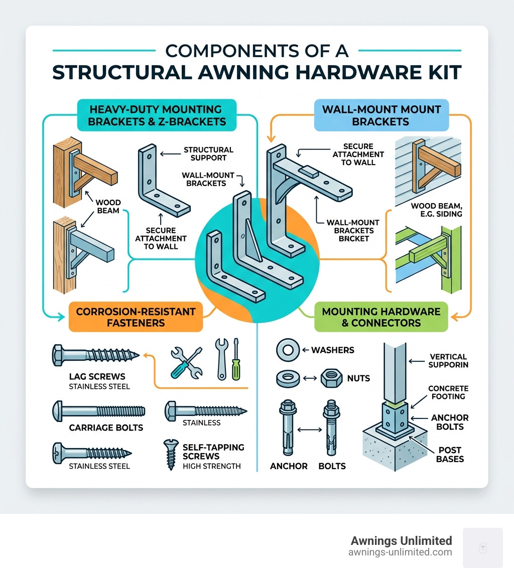 Components of a structural awning hardware kit including brackets, fasteners, and mounting hardware - awning hardware kit Components of a structural awning hardware kit including brackets, fasteners, and mounting hardware - awning hardware kit