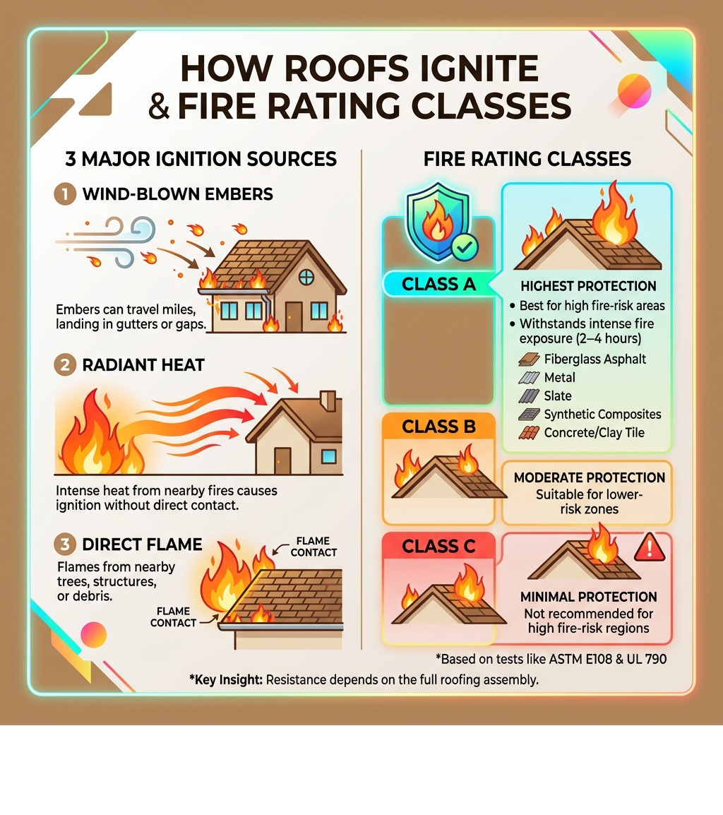 Infographic showing how roofs ignite from embers, radiant heat, and direct flame with fire rating classes - fire-resistant Infographic showing how roofs ignite from embers, radiant heat, and direct flame with fire rating classes - fire-resistant