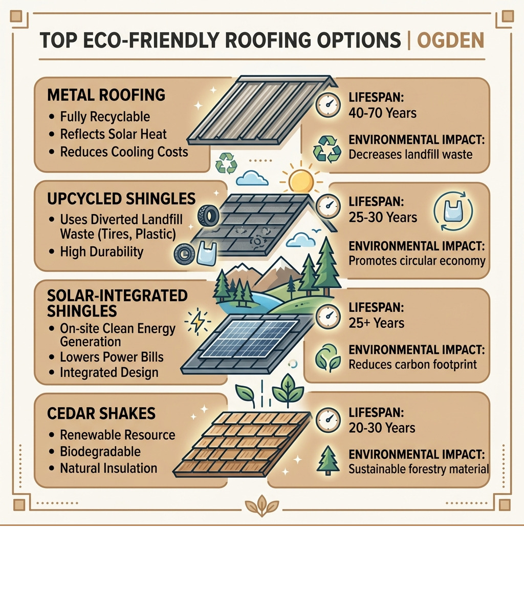Infographic showing top eco-friendly roofing options in Ogden with benefits, lifespan, and environmental impact - eco Infographic showing top eco-friendly roofing options in Ogden with benefits, lifespan, and environmental impact - eco