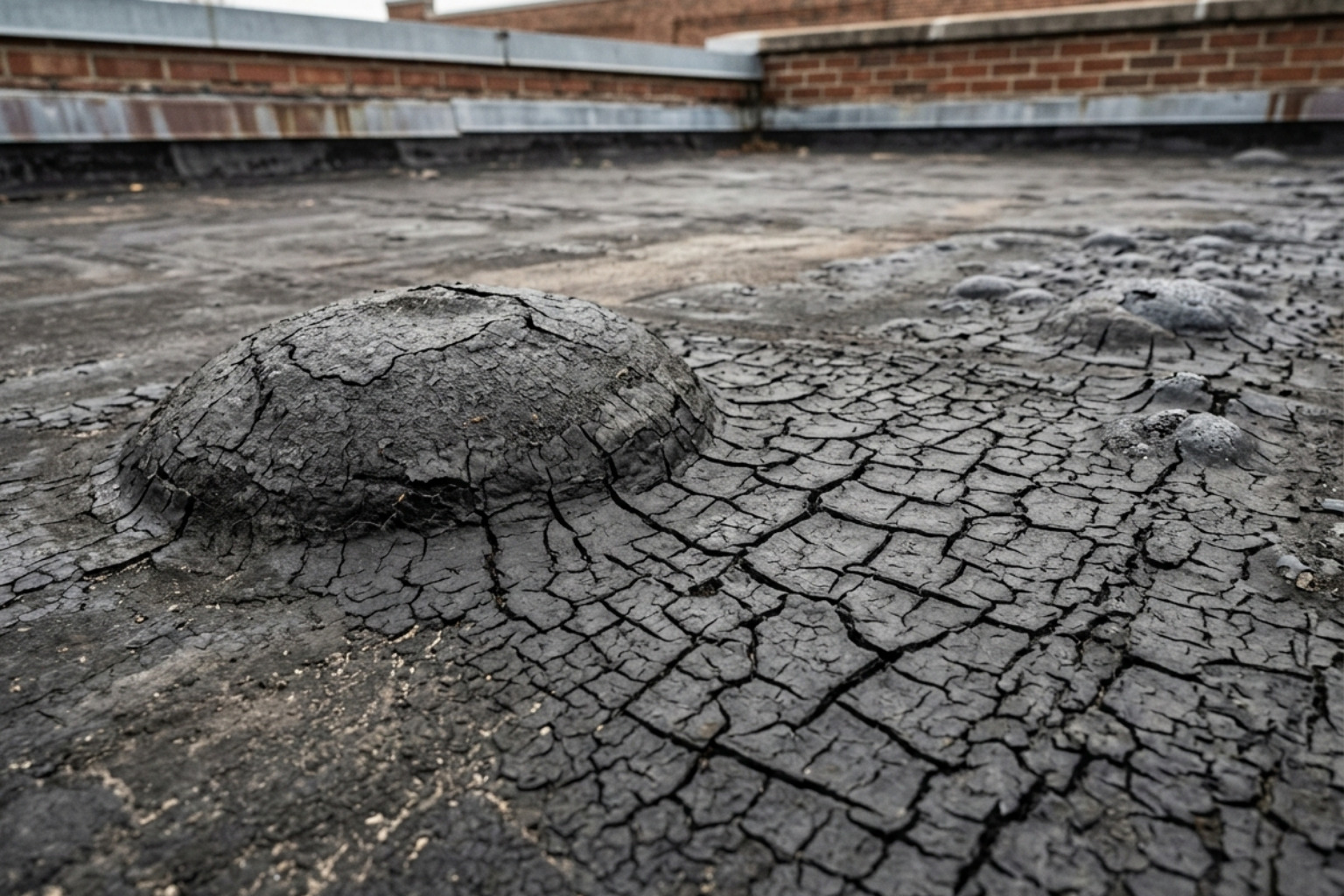 Professional photo showing roof blistering and alligatoring on an aged flat roof - built up roof repair Professional photo showing roof blistering and alligatoring on an aged flat roof - built up roof repair