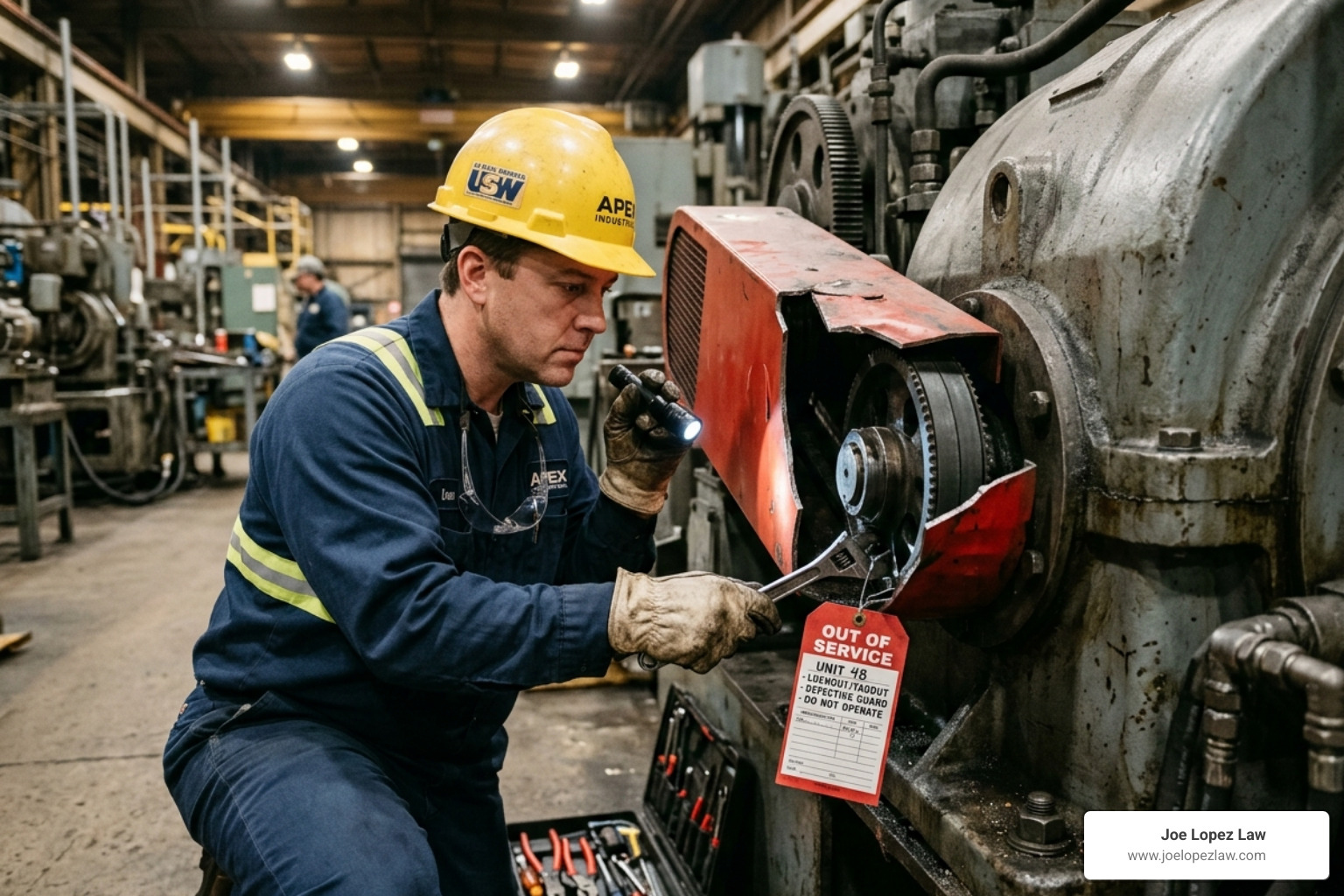 A worker inspecting a piece of defective industrial machinery with broken safety guards - workplace injury attorneys