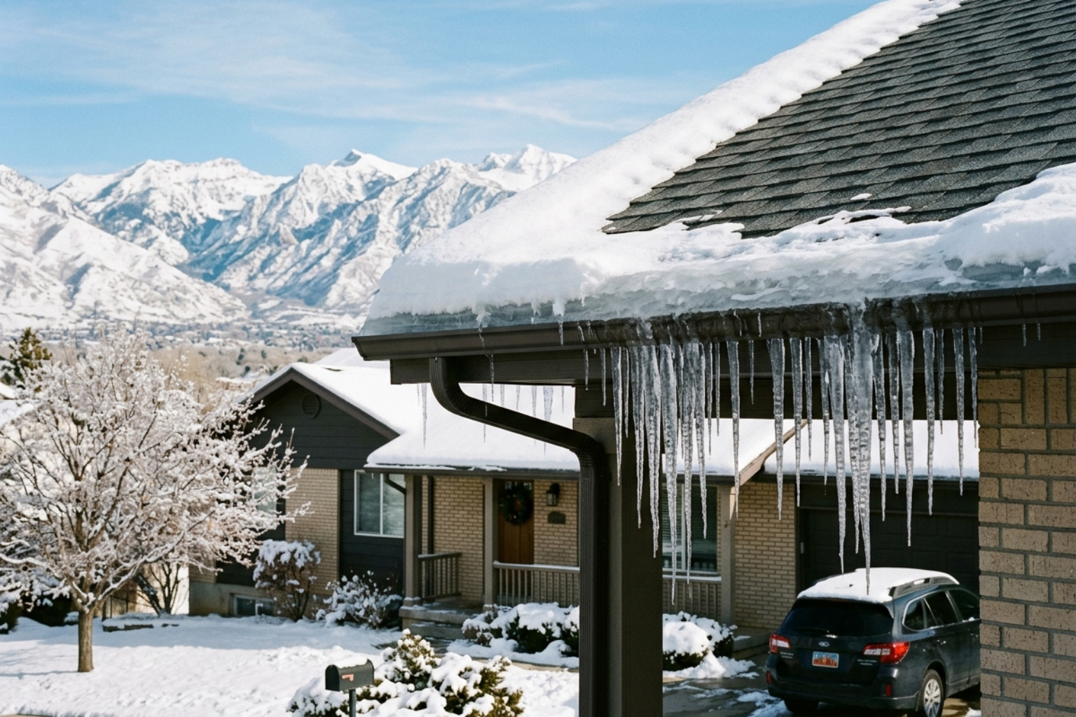 Ice dams forming on the edge of a Bountiful roof during winter - gutter repair bountiful services Ice dams forming on the edge of a Bountiful roof during winter - gutter repair bountiful services