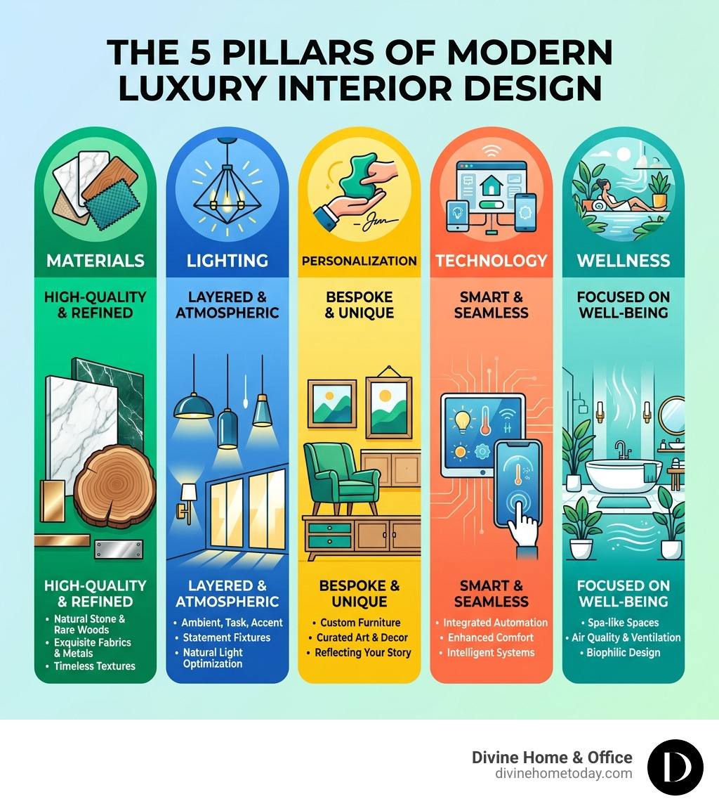 Infographic showing the five pillars of modern luxury interior design: materials, lighting, personalization, technology, and