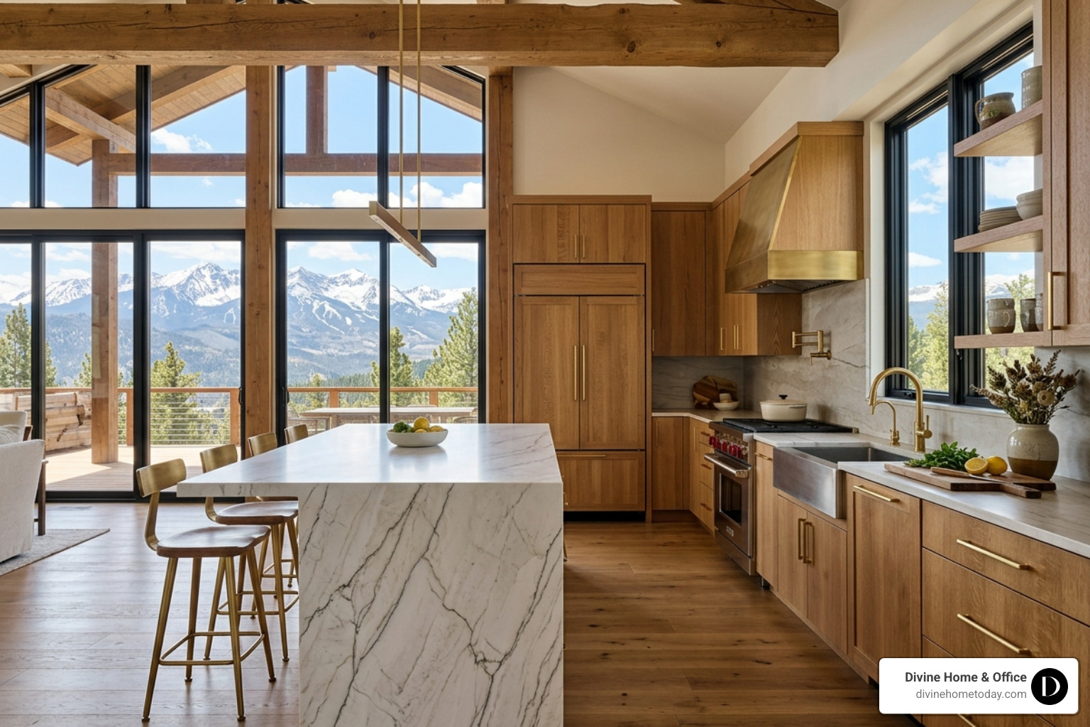 High-end modern mountain kitchen in Denver million-dollar home with stone countertops and natural wood cabinetry - luxury