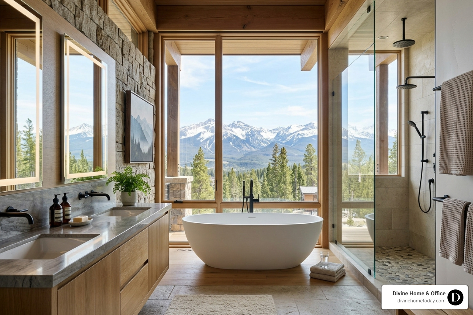Spa-like modern mountain bathroom in a Denver luxury home with stone counters and soaking tub - luxury style interior