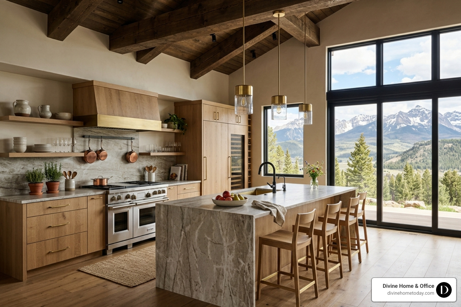 High-end modern mountain kitchen in a million-dollar Denver home, stone countertops, natural wood cabinetry, brass hardware
