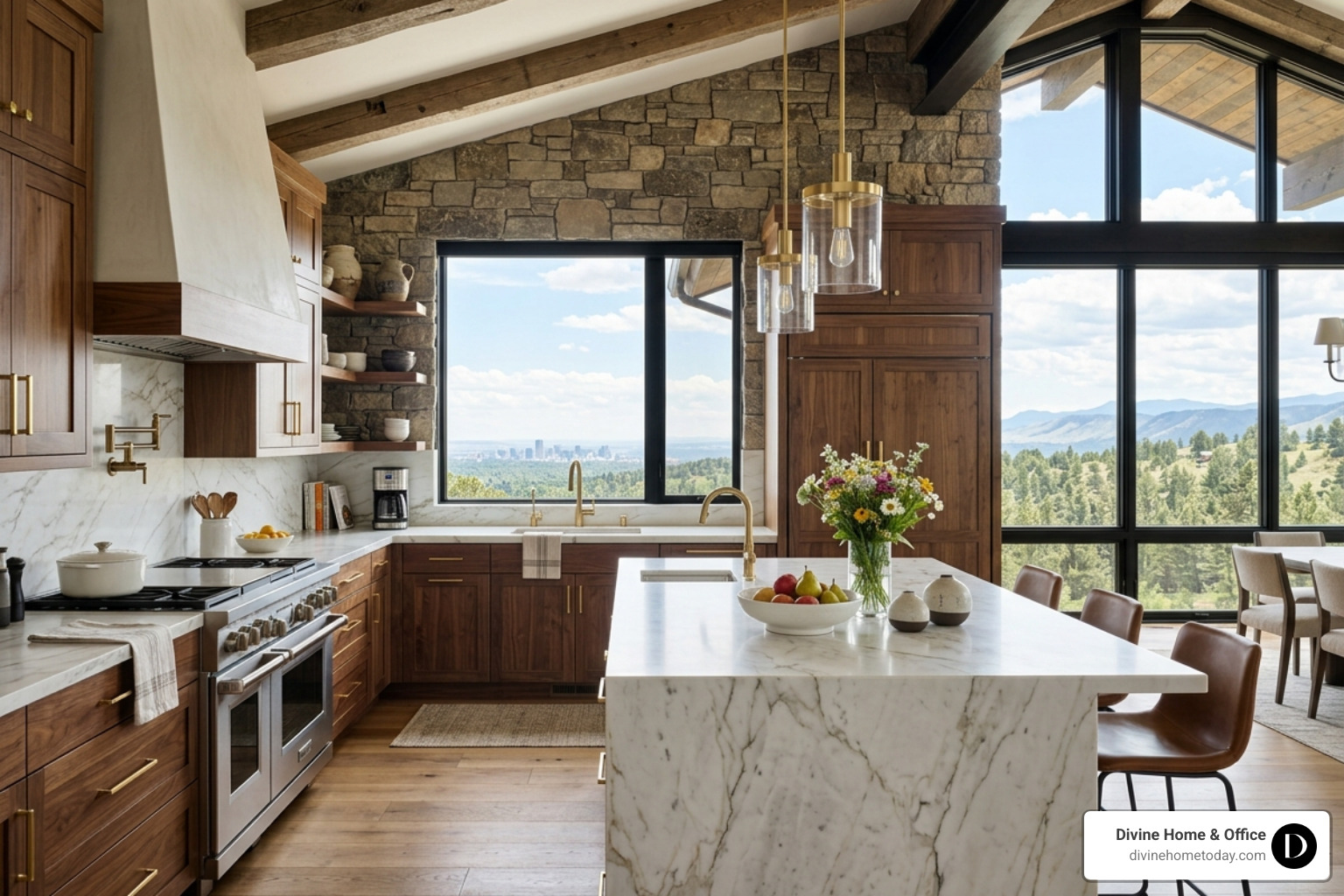 High-end modern mountain kitchen with Calacatta marble countertops, gold hardware, and natural wood cabinetry, bright High-end modern mountain kitchen with Calacatta marble countertops, gold hardware, and natural wood cabinetry, bright