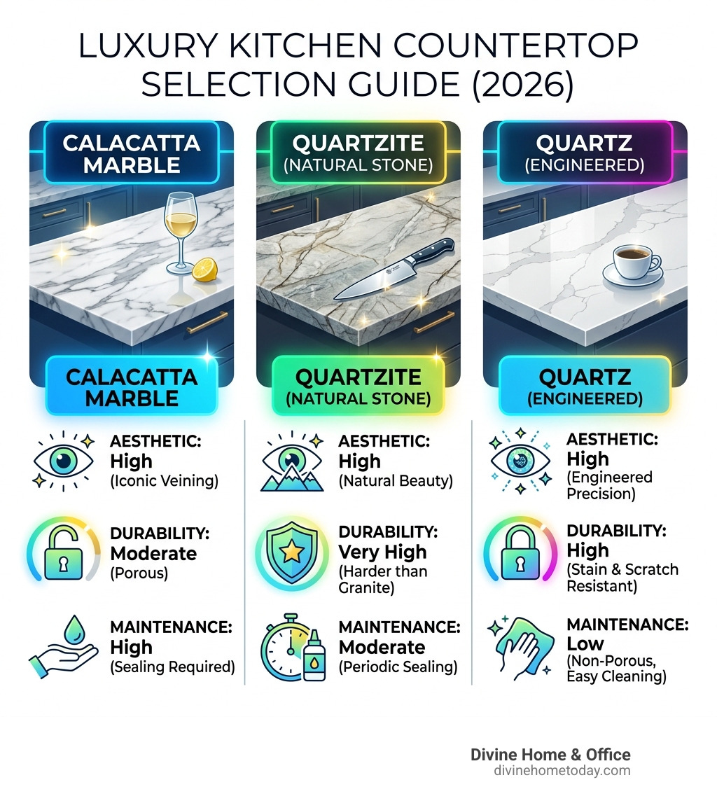 Infographic comparing kitchen countertop materials: Marble, Quartzite, and Quartz durability and maintenance levels - luxury Infographic comparing kitchen countertop materials: Marble, Quartzite, and Quartz durability and maintenance levels - luxury