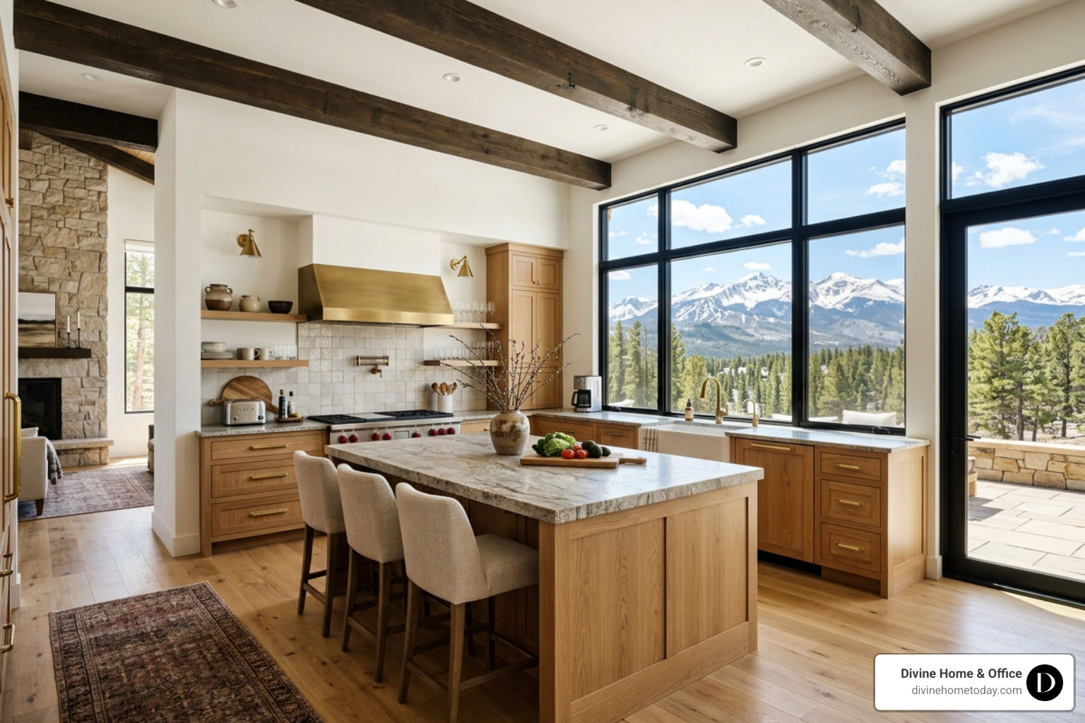 High-end modern mountain kitchen in a million-dollar Denver home, stone countertops, natural wood cabinetry, brass hardware High-end modern mountain kitchen in a million-dollar Denver home, stone countertops, natural wood cabinetry, brass hardware