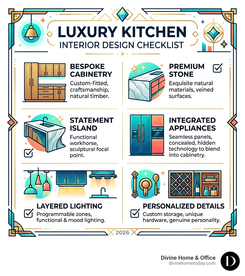 Luxury kitchen interior design checklist infographic: bespoke cabinetry, premium stone, statement island, integrated Luxury kitchen interior design checklist infographic: bespoke cabinetry, premium stone, statement island, integrated