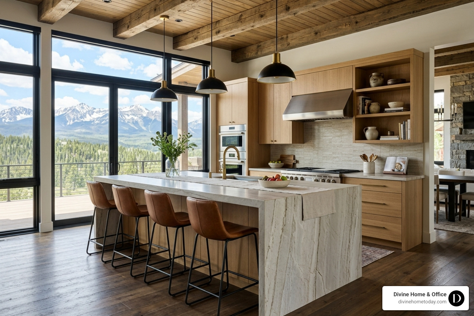 Oversized kitchen island in a modern mountain home, stone waterfall edges, leather barstools, timber ceiling beams, large Oversized kitchen island in a modern mountain home, stone waterfall edges, leather barstools, timber ceiling beams, large