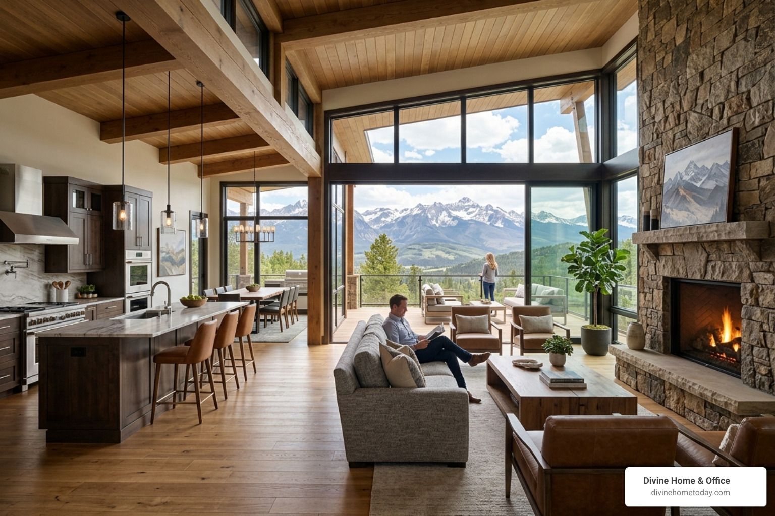 Luxury modern mountain Colorado home with warm natural materials, stone fireplaces, timber beams, high-end finishes, bright Luxury modern mountain Colorado home with warm natural materials, stone fireplaces, timber beams, high-end finishes, bright