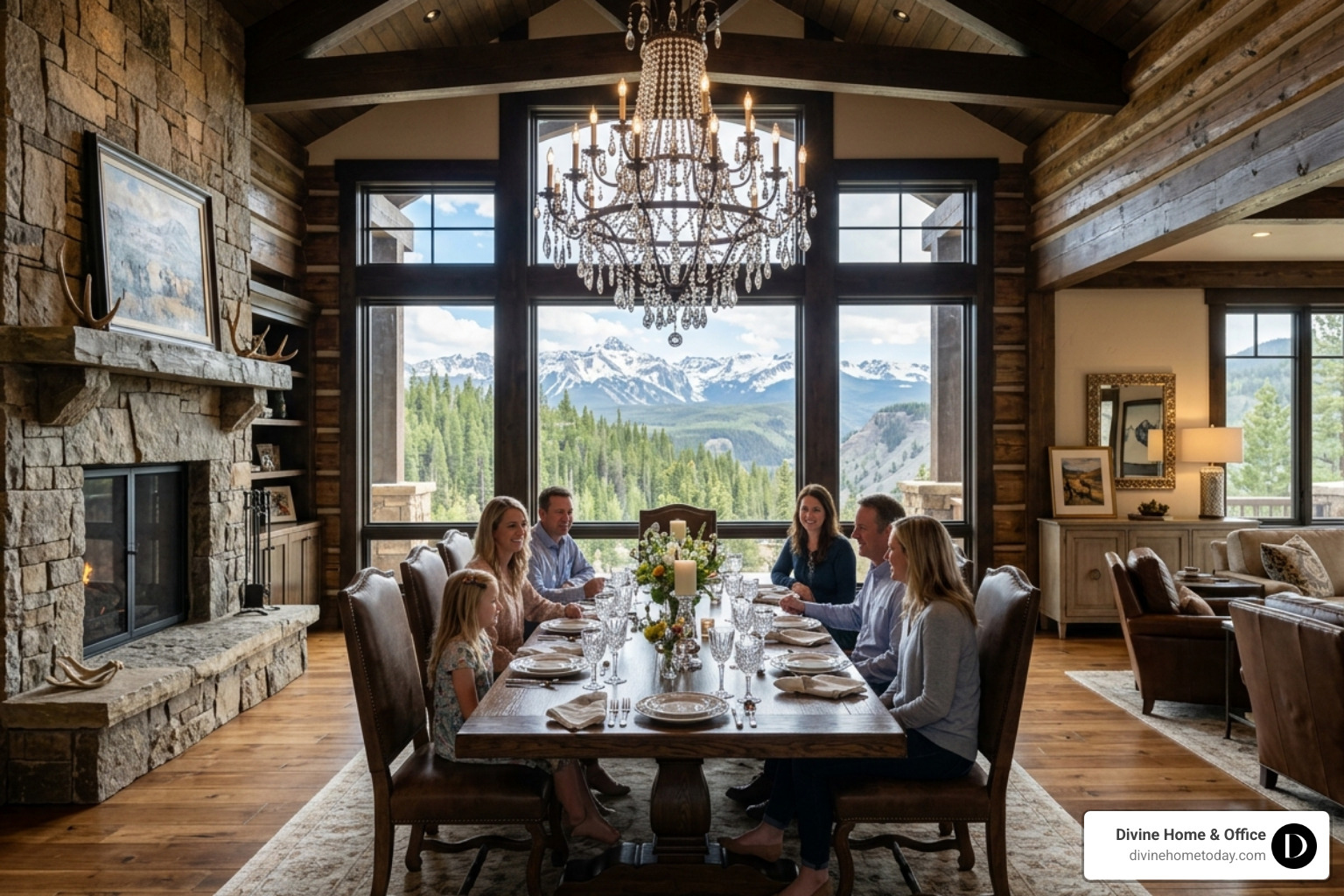 Tiered crystal chandelier over a dark oak dining set in a luxury Colorado lodge - luxury dining room decor Tiered crystal chandelier over a dark oak dining set in a luxury Colorado lodge - luxury dining room decor
