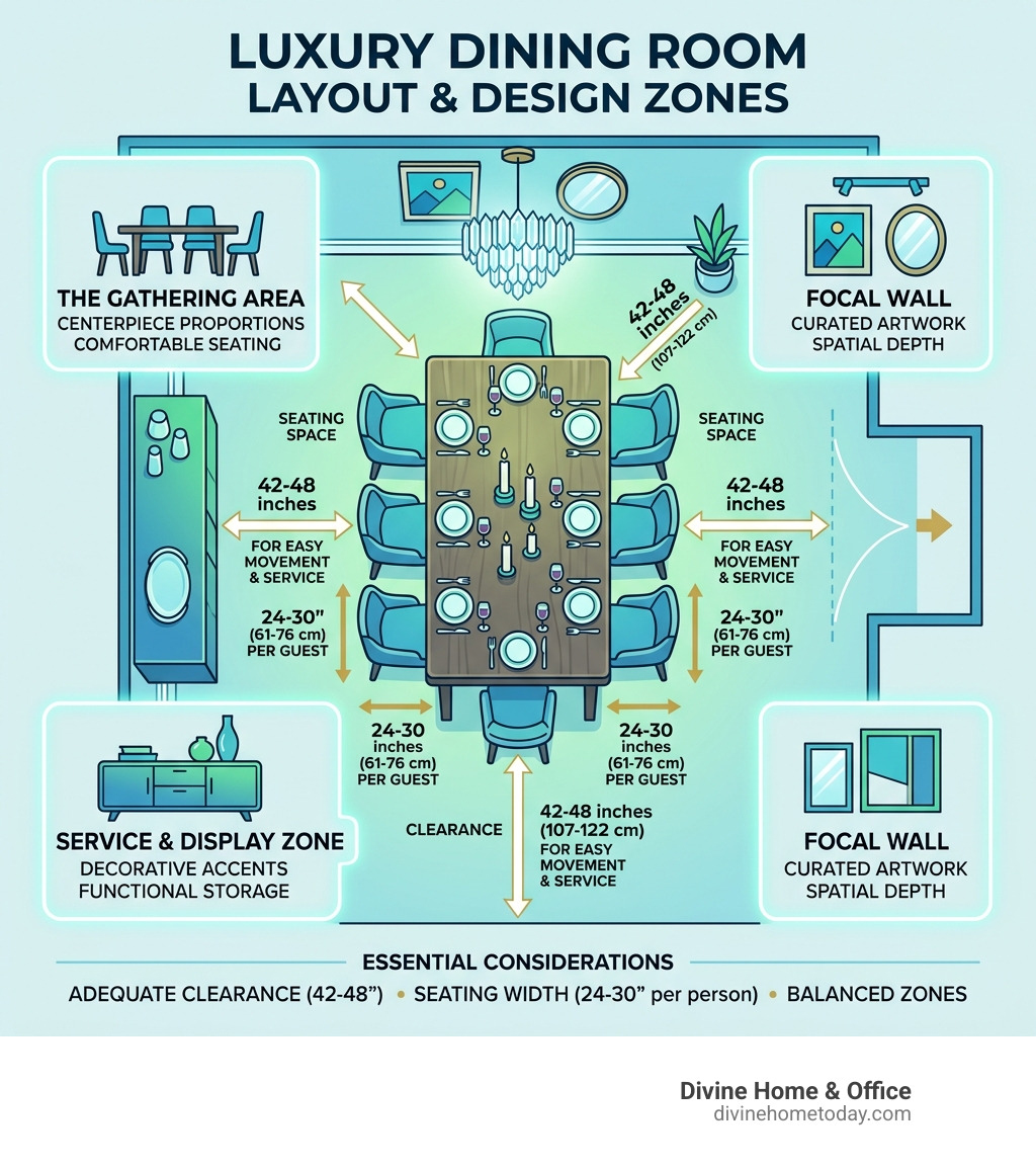 Luxury dining room layout showing clearance measurements, seating space, and key design zones - luxury dining room decor Luxury dining room layout showing clearance measurements, seating space, and key design zones - luxury dining room decor