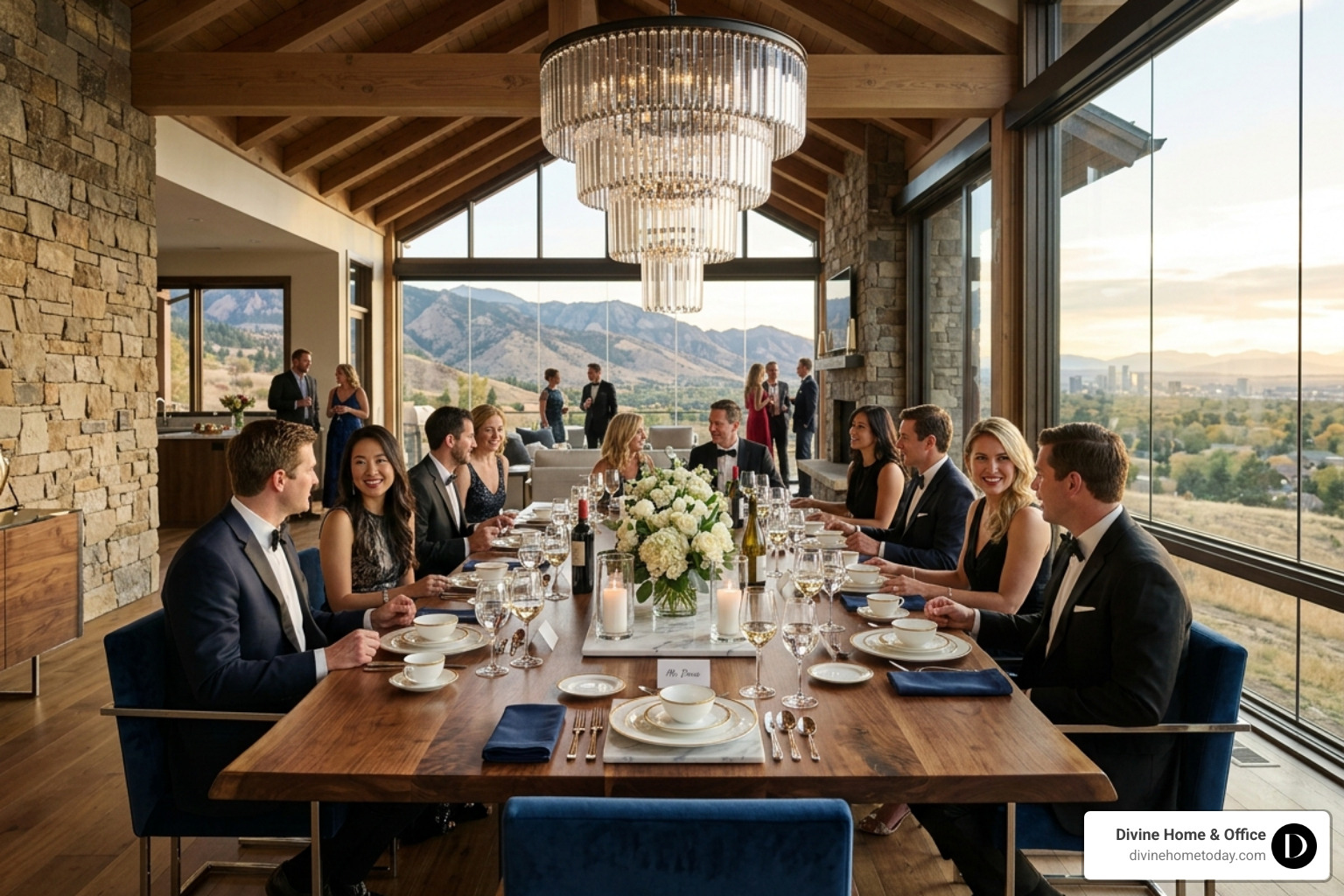 Bespoke walnut dining table set for a formal gala in a modern mountain home - luxury dining room decor Bespoke walnut dining table set for a formal gala in a modern mountain home - luxury dining room decor
