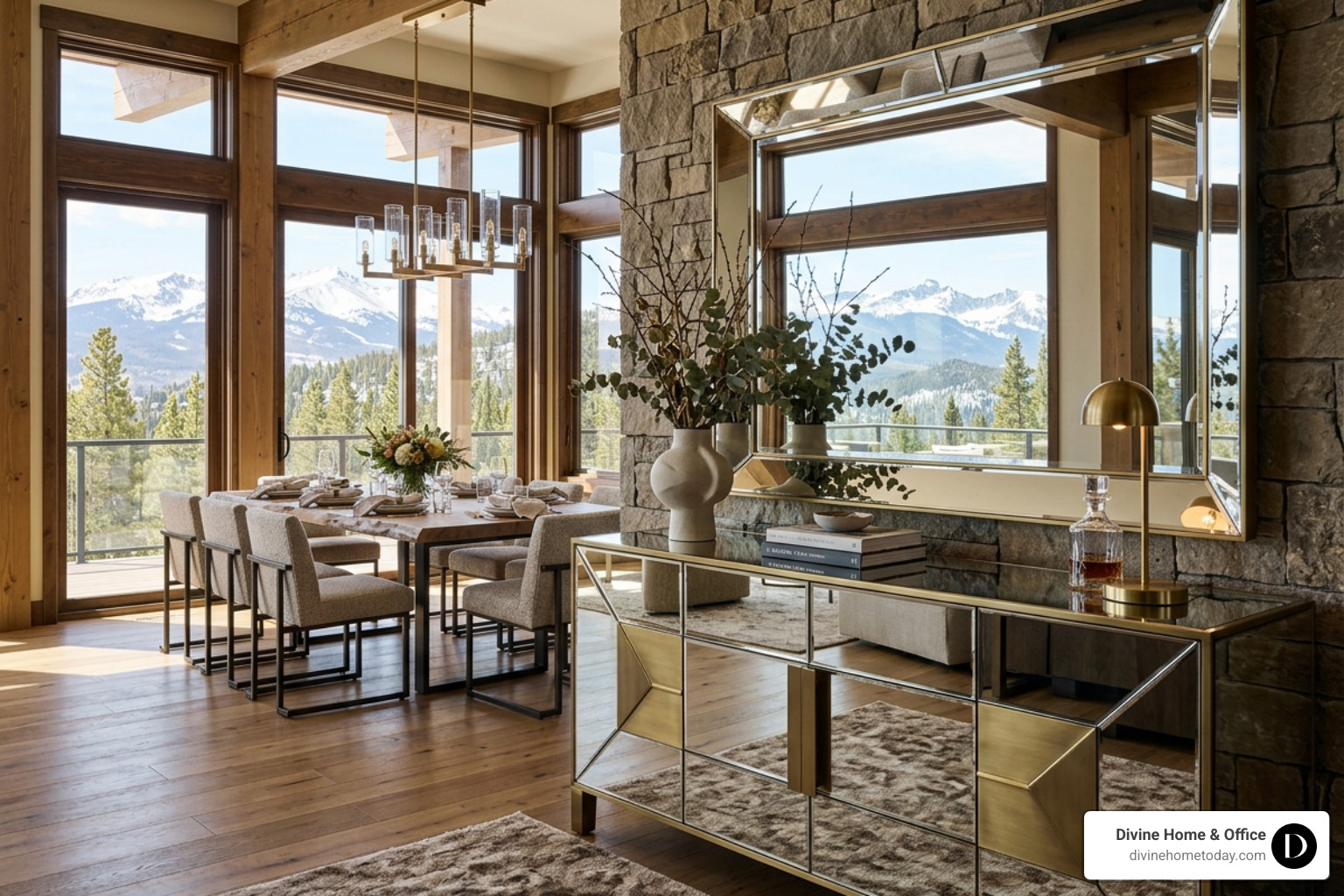 Mirrored sideboard reflecting a designer dining space with Colorado mountain views - luxury dining room decor Mirrored sideboard reflecting a designer dining space with Colorado mountain views - luxury dining room decor