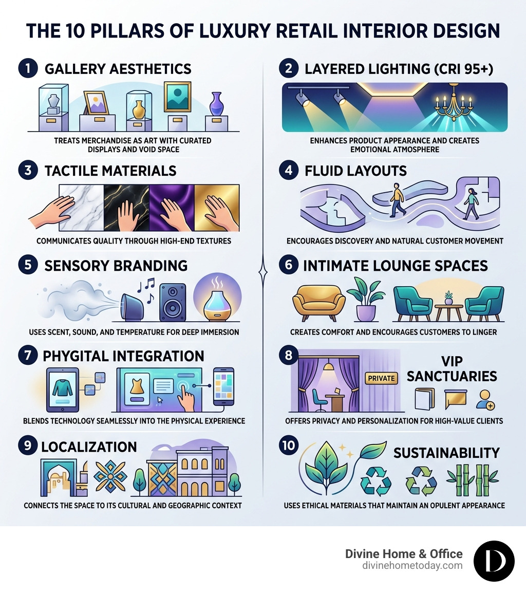 Infographic: The 10 Pillars of Luxury Retail Interior Design including gallery aesthetics, layered lighting, tactile Infographic: The 10 Pillars of Luxury Retail Interior Design including gallery aesthetics, layered lighting, tactile