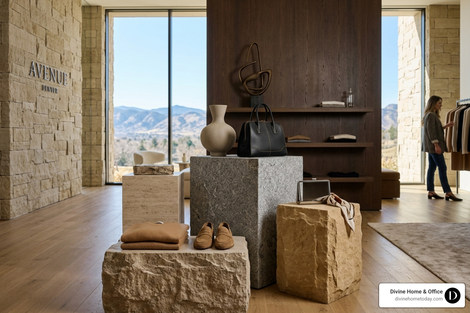 Sculptural product display in a luxury Denver boutique featuring stone pedestals and minimalist artistic focal points Sculptural product display in a luxury Denver boutique featuring stone pedestals and minimalist artistic focal points