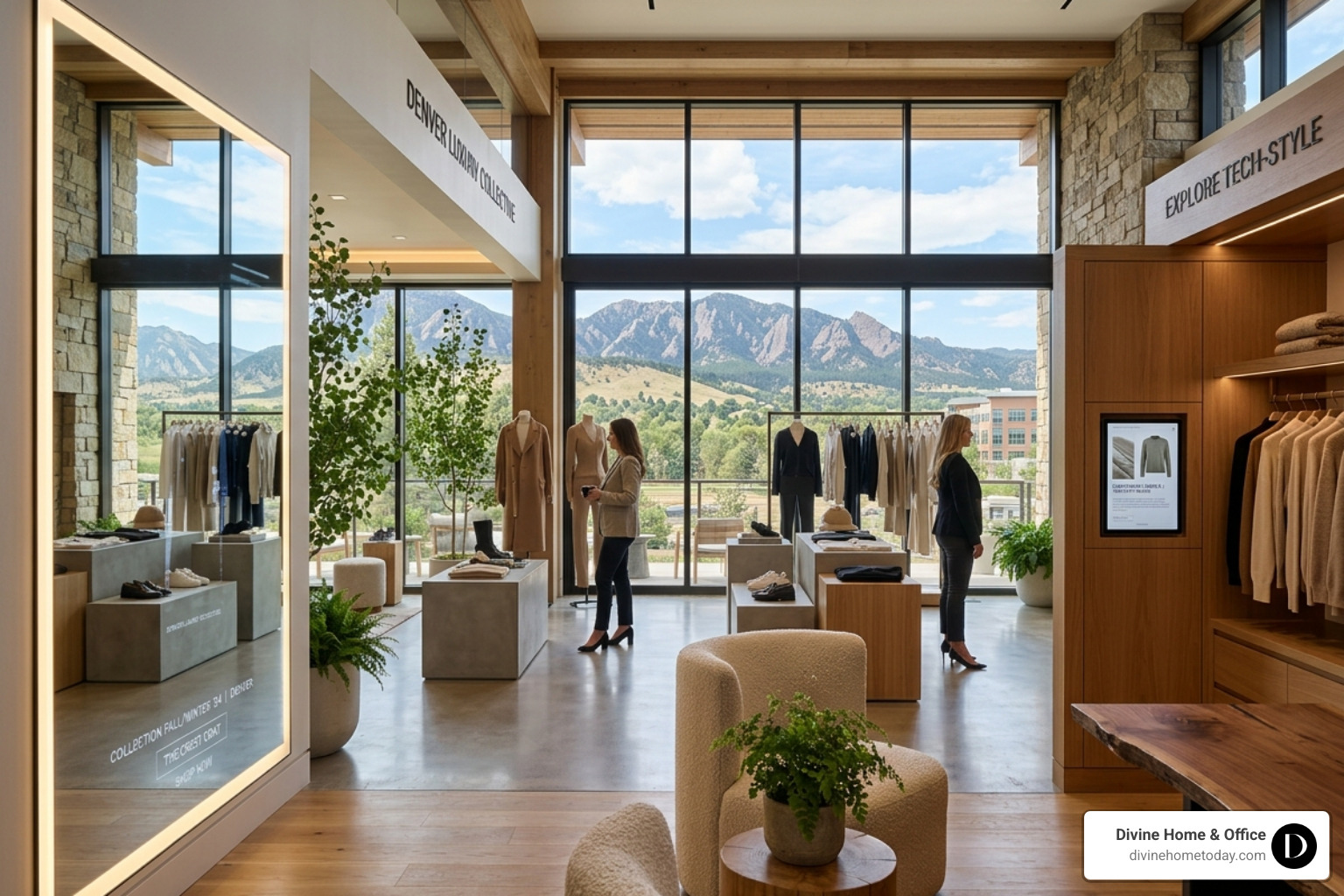 Modern tech-integrated luxury showroom in Denver with invisible smart features and clean modern mountain aesthetics - luxury Modern tech-integrated luxury showroom in Denver with invisible smart features and clean modern mountain aesthetics - luxury