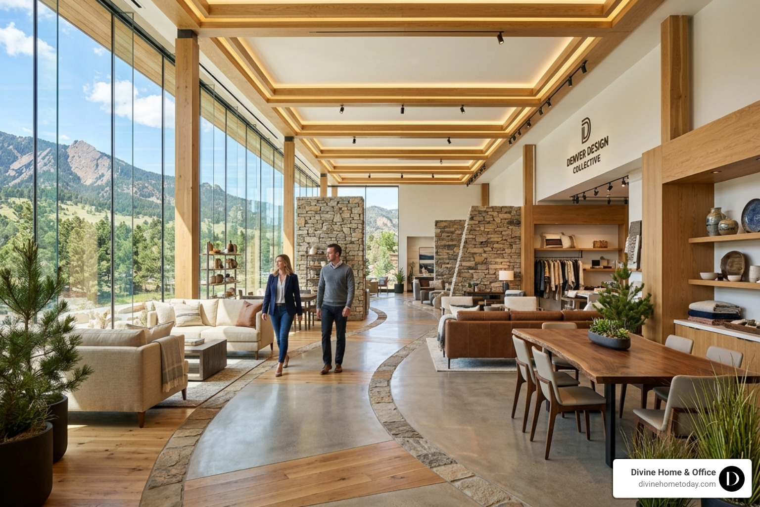 High-end Denver showroom layout with curved pathways, layered lighting, and floor-to-ceiling windows with foothills views High-end Denver showroom layout with curved pathways, layered lighting, and floor-to-ceiling windows with foothills views