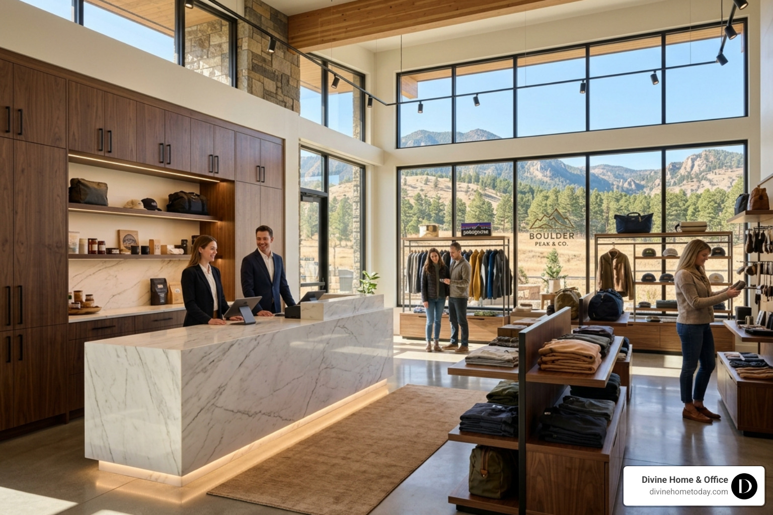 Luxury Colorado retail interior featuring marble counters, walnut cabinetry, and matte black hardware in a modern mountain Luxury Colorado retail interior featuring marble counters, walnut cabinetry, and matte black hardware in a modern mountain