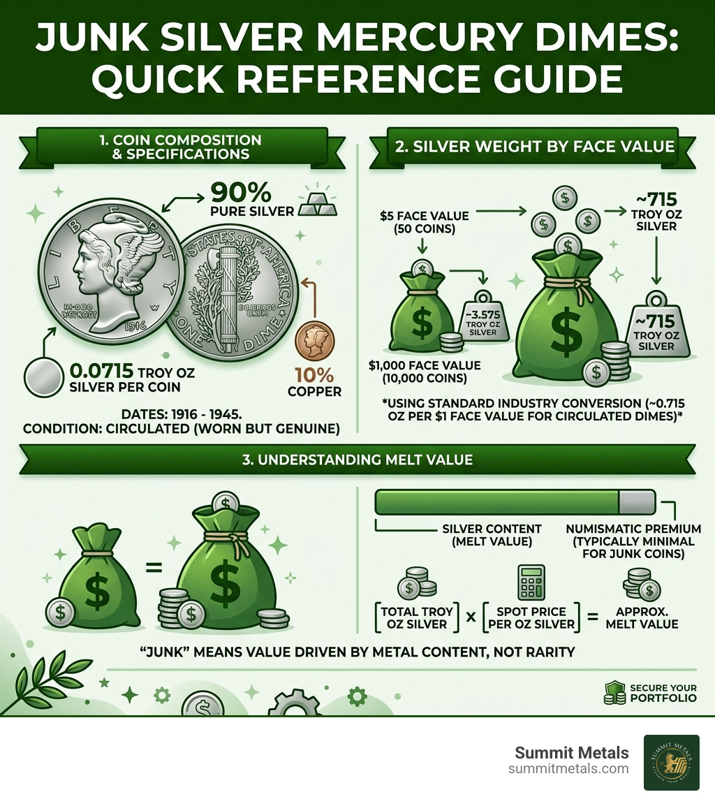 Infographic showing Mercury Dime silver content, face value bags, and melt value breakdown - junk silver mercury dimes Infographic showing Mercury Dime silver content, face value bags, and melt value breakdown - junk silver mercury dimes
