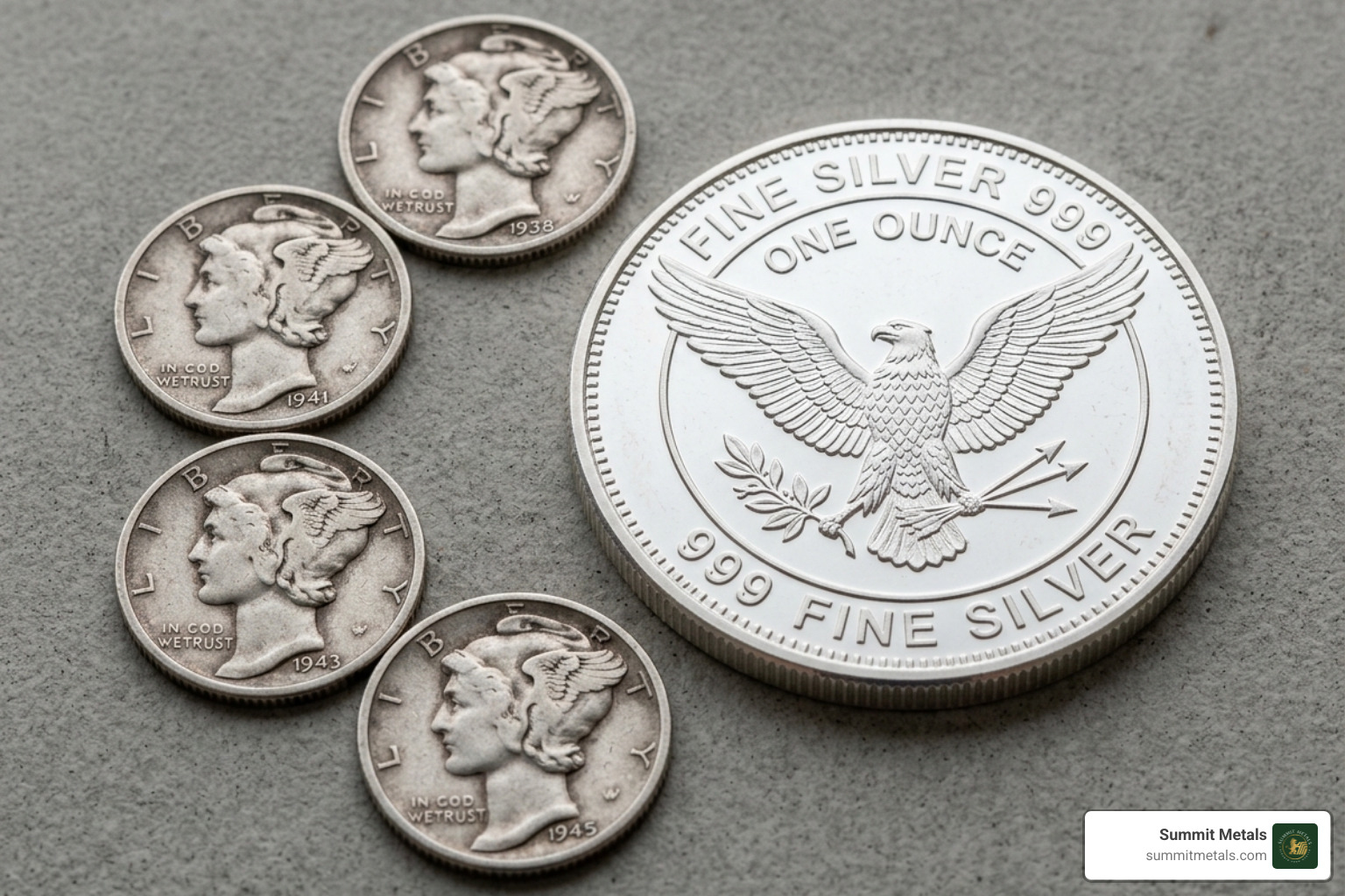 Mercury Dimes next to a 1oz Silver Round showing size comparison - junk silver mercury dimes Mercury Dimes next to a 1oz Silver Round showing size comparison - junk silver mercury dimes