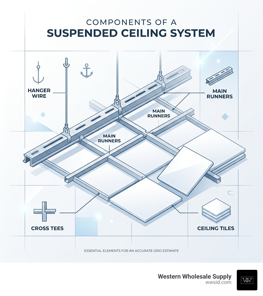 Components of a suspended ceiling system: main runners, cross tees, hanger wire, and ceiling tiles - ceiling grid estimator Components of a suspended ceiling system: main runners, cross tees, hanger wire, and ceiling tiles - ceiling grid estimator