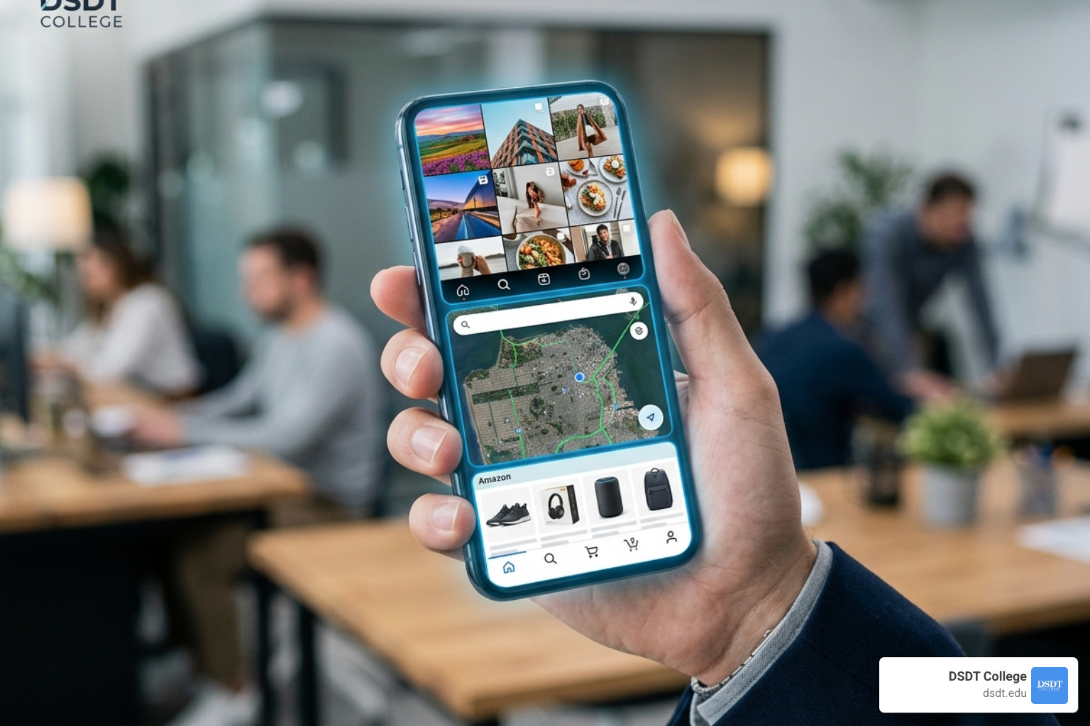 Smartphone interface showing various AI-powered apps for social media, navigation, and shopping - artificial intelligence