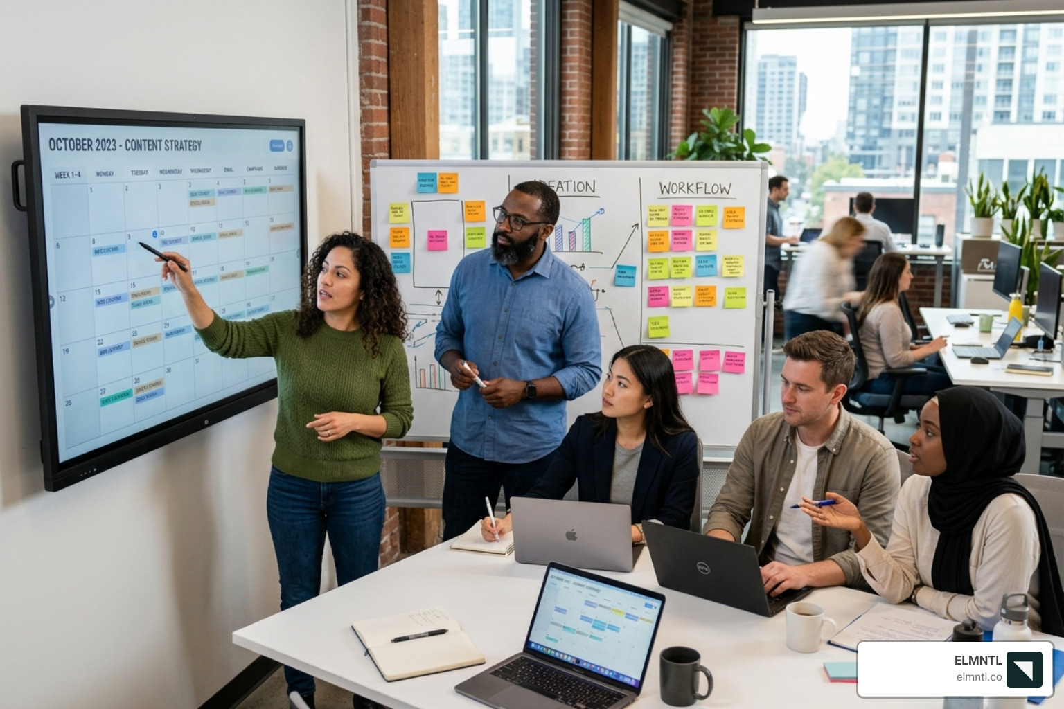 A creative team planning content using a digital calendar and strategy boards - brand content creation A creative team planning content using a digital calendar and strategy boards - brand content creation