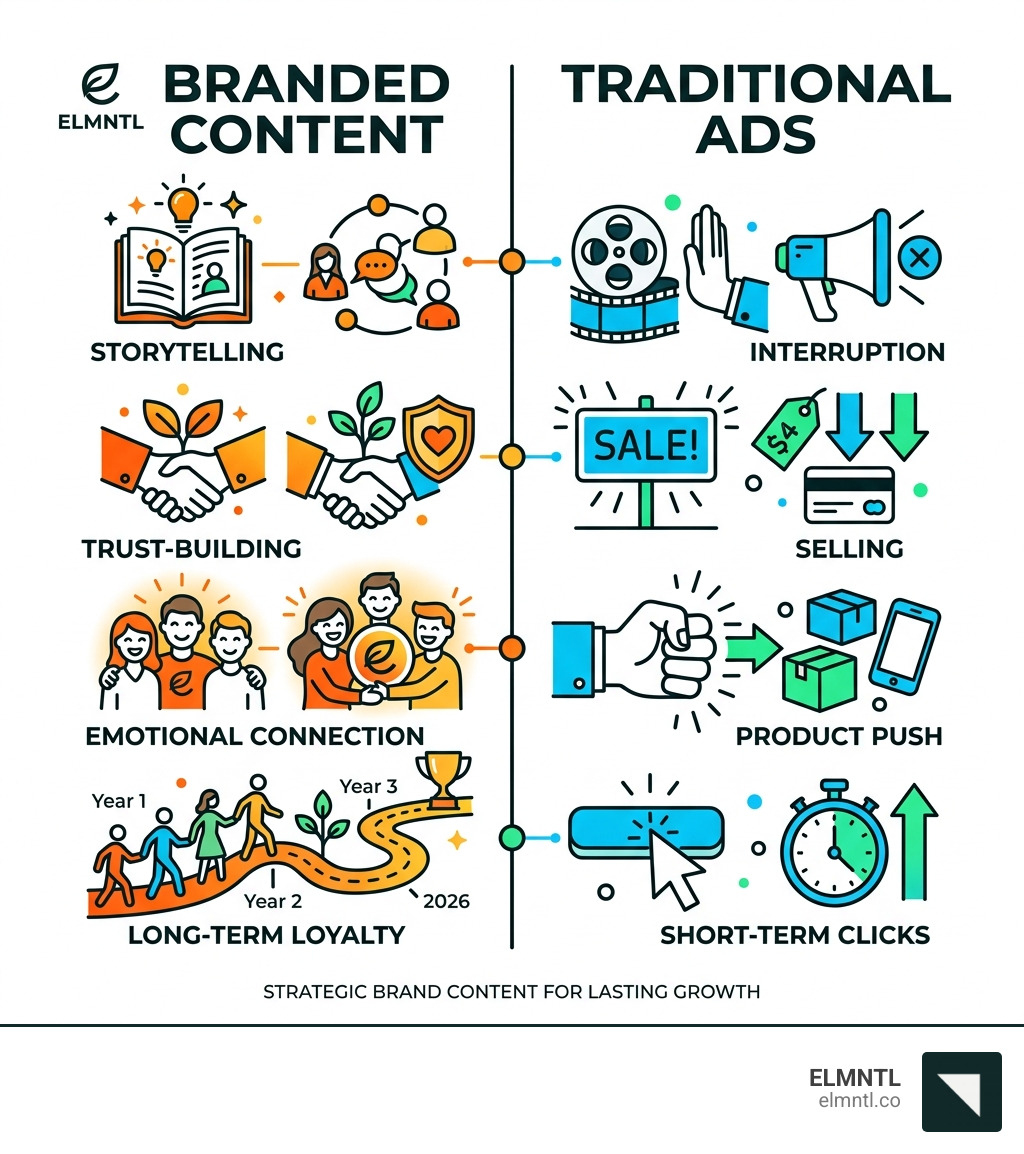 Infographic showing branded content vs traditional ads: storytelling vs interruption, trust-building vs selling, emotional Infographic showing branded content vs traditional ads: storytelling vs interruption, trust-building vs selling, emotional