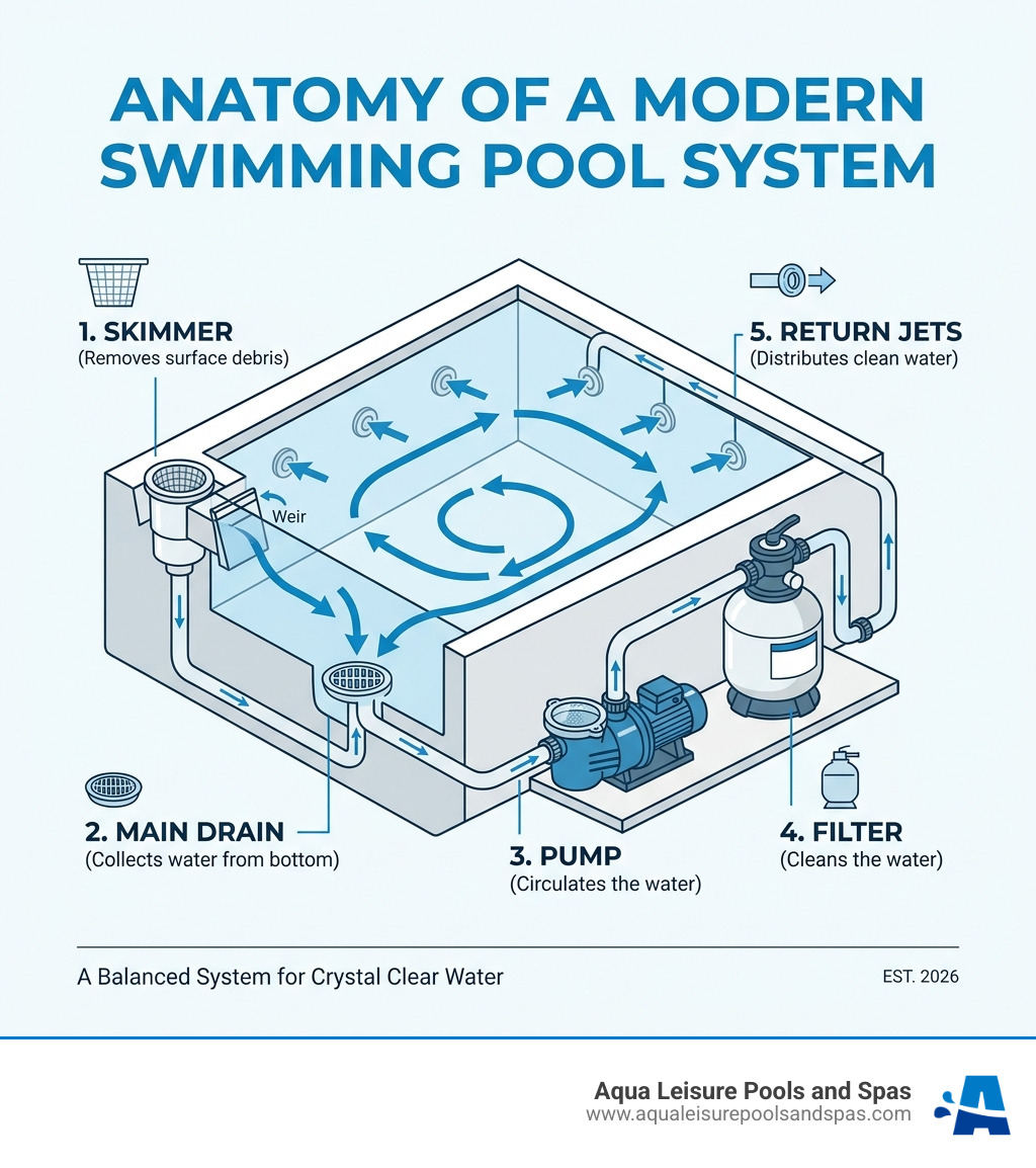 Anatomy of a modern swimming pool system showing pump, filter, skimmer, and return jets - swimming pool infographic 