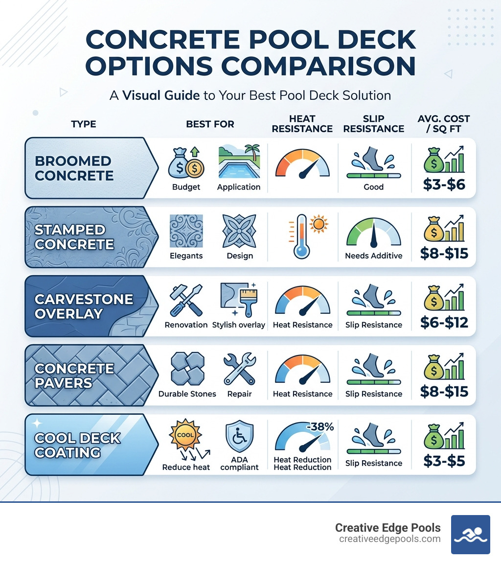Infographic comparing concrete pool deck types by cost, heat resistance, slip resistance, and best use case - Concrete pool