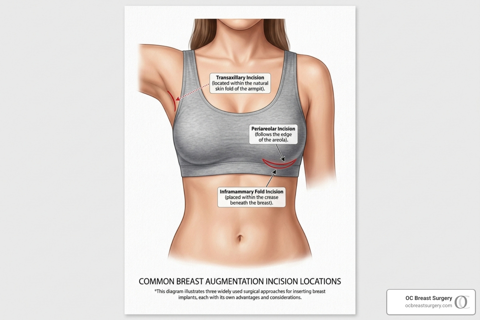 Common breast augmentation incision locations: inframammary, periareolar, and transaxillary - silicone vs saline breast Common breast augmentation incision locations: inframammary, periareolar, and transaxillary - silicone vs saline breast