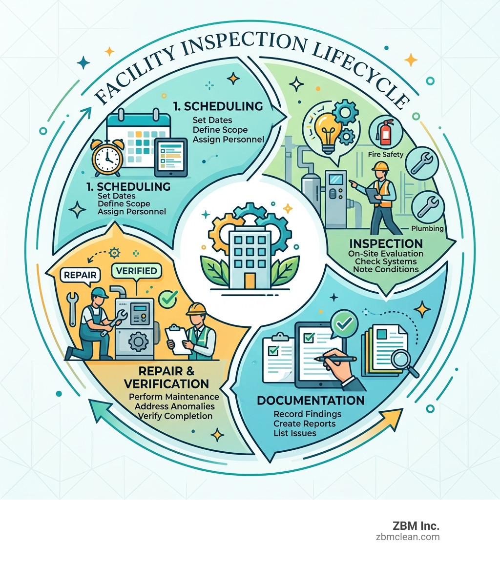 Facility inspection lifecycle from scheduling through inspection, documentation, and repair verification - building