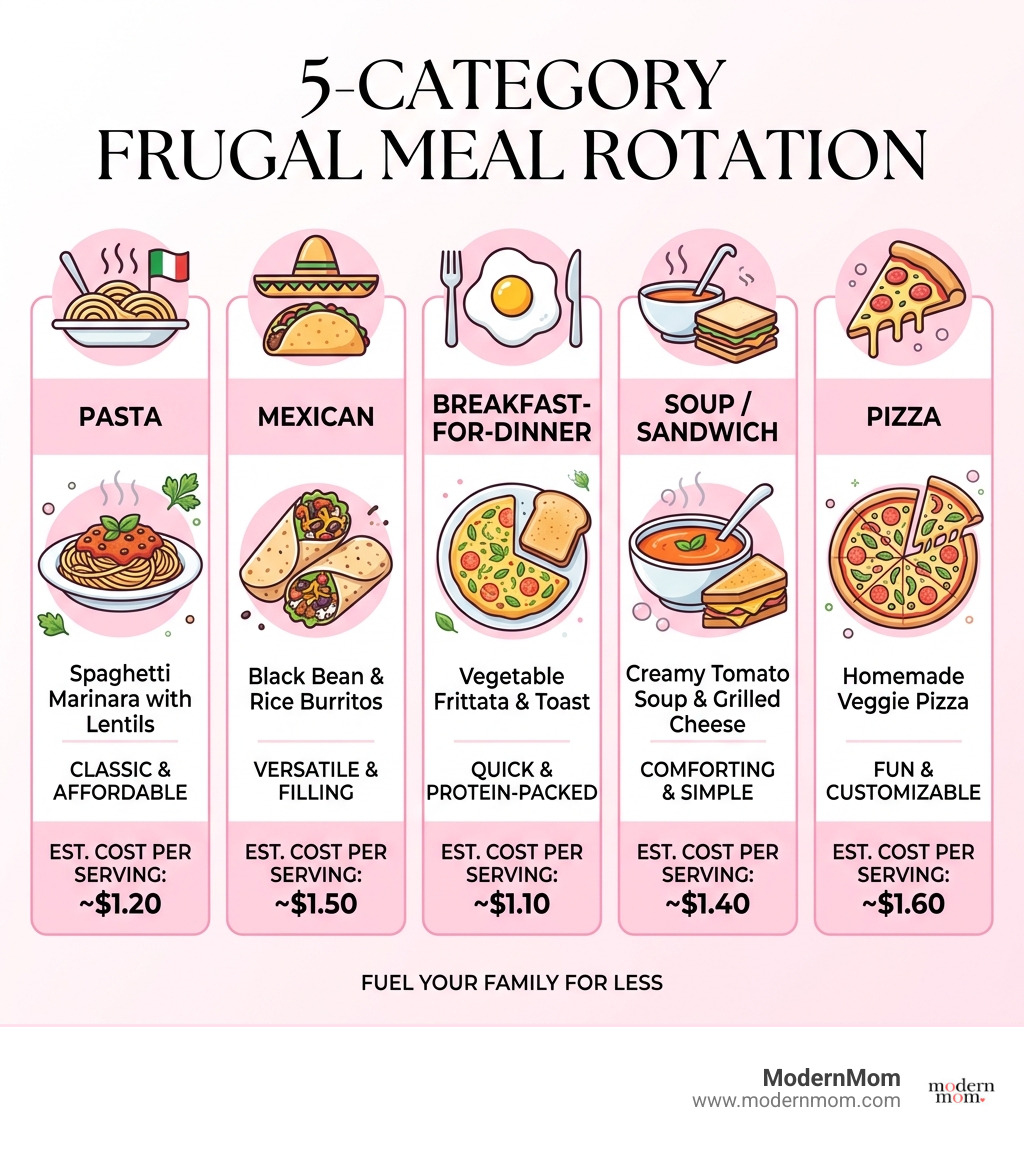 Infographic: 5-Category Frugal Meal Rotation — Pasta, Mexican, Breakfast-for-Dinner, Soup/Sandwich, Pizza with cost