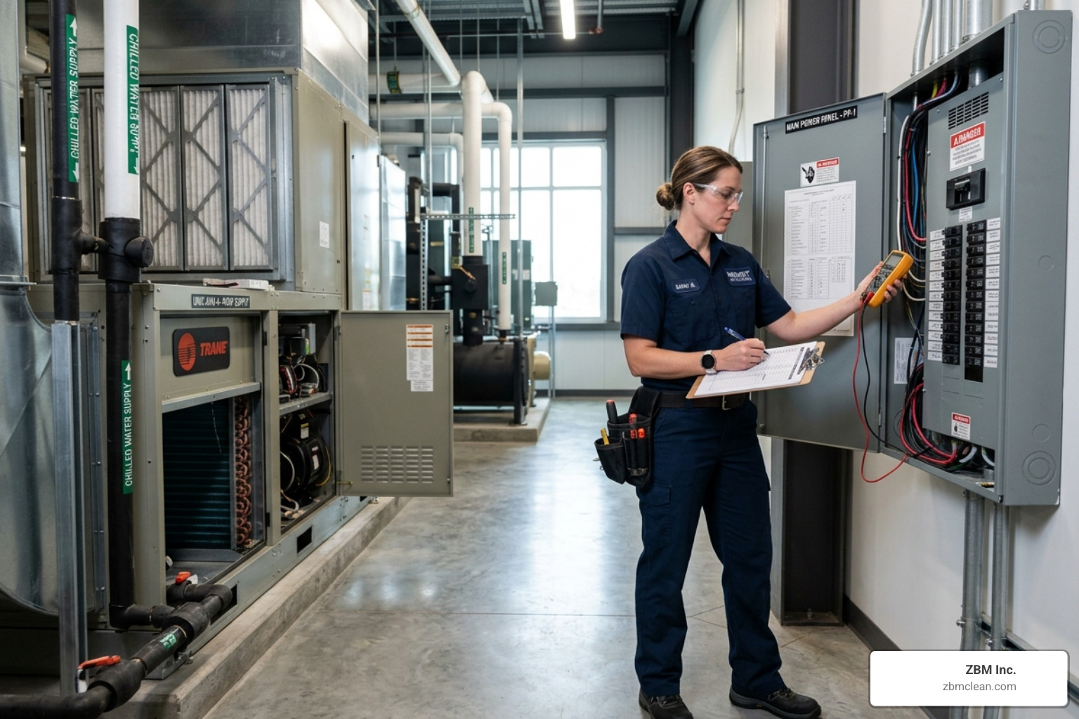 Professional facility manager inspecting a commercial HVAC unit and electrical panel - building facilities inspection