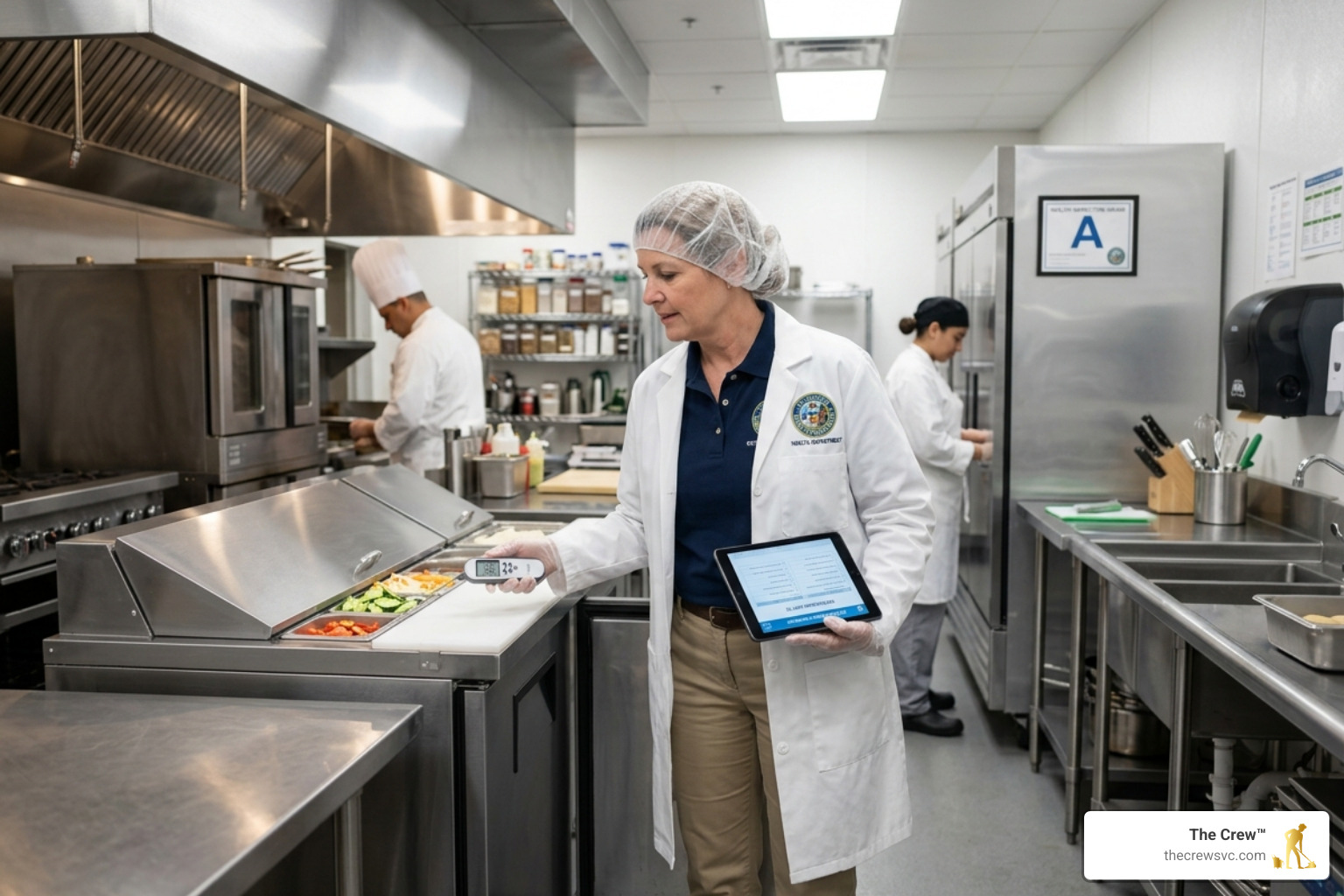 Health inspector reviewing a commercial kitchen setup - restaurant cleaning services denver