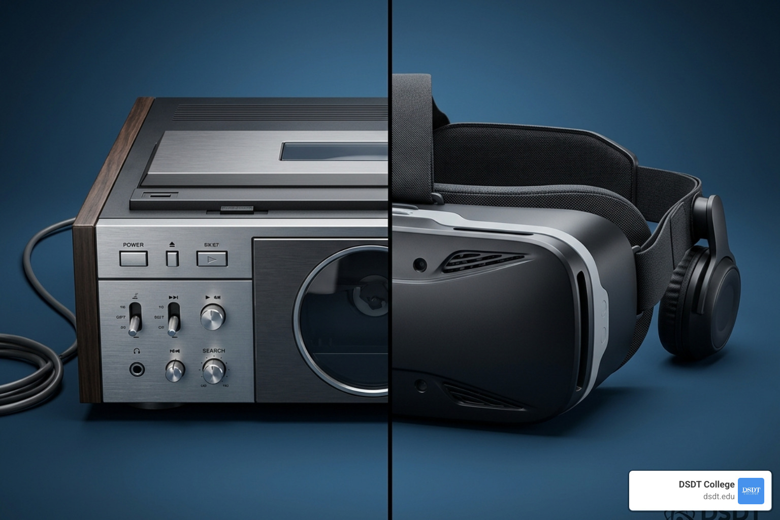 Vintage laser disc player compared to a sleek modern VR headset - interactive digital media Vintage laser disc player compared to a sleek modern VR headset - interactive digital media