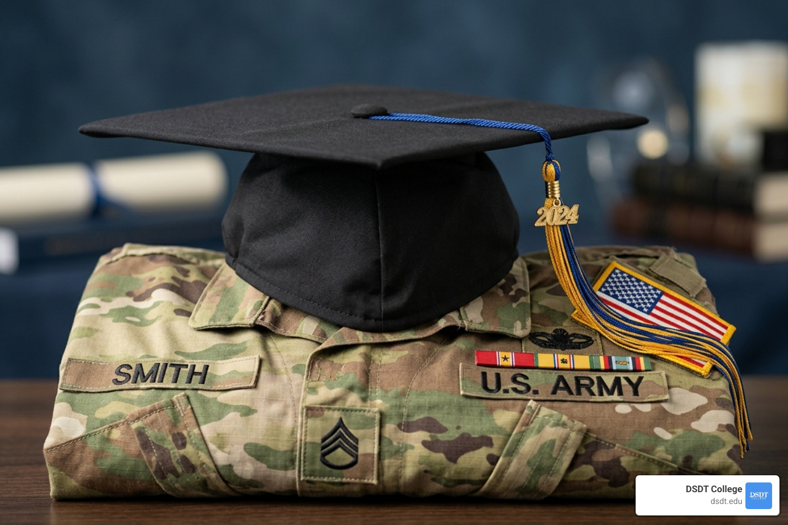 graduation cap resting on a military uniform with tech blue background - veteran spouse education benefits graduation cap resting on a military uniform with tech blue background - veteran spouse education benefits