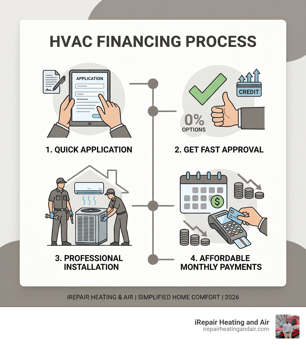 Infographic showing HVAC financing process: apply, get approved, install system, make monthly payments - heating and cooling