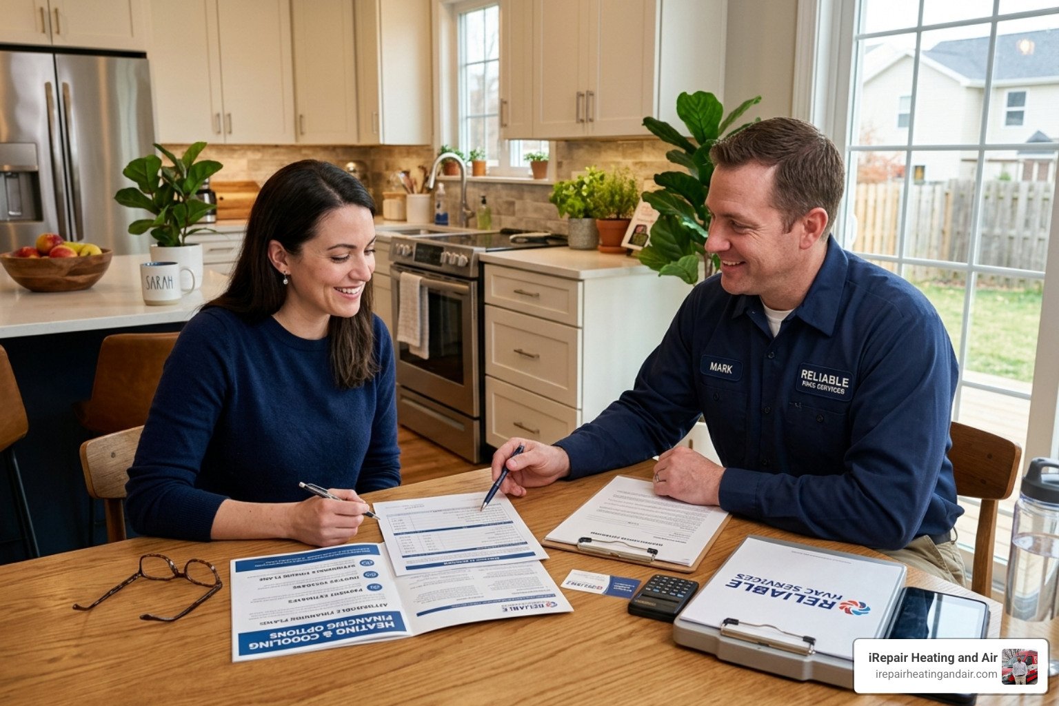 Technician sitting at a kitchen table with a homeowner discussing HVAC financing paperwork - heating and cooling payment