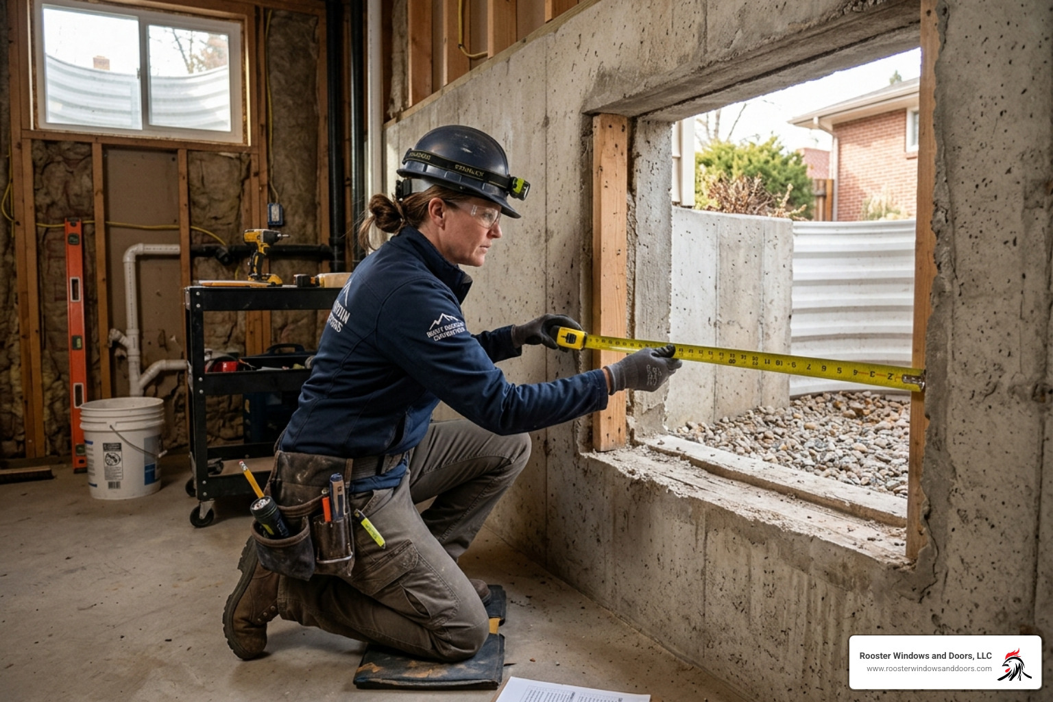 Contractor measuring a window opening for code compliance - Egress window design Contractor measuring a window opening for code compliance - Egress window design