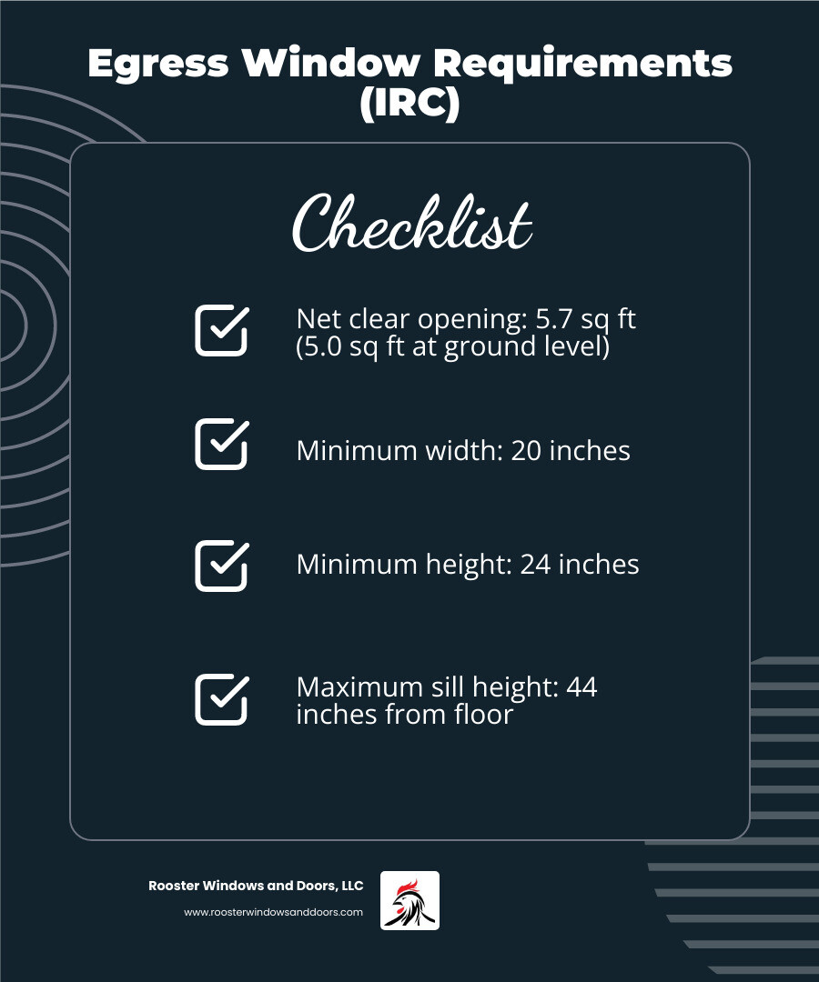 Infographic showing egress window components: net clear opening, sill height, window well dimensions, and 3-minute fire Infographic showing egress window components: net clear opening, sill height, window well dimensions, and 3-minute fire