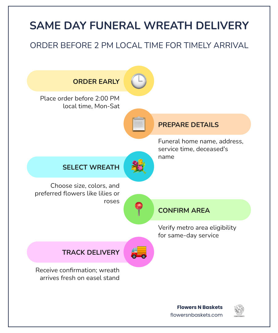 Infographic showing same-day funeral wreath ordering steps, cut-off times, and delivery locations - funeral wreath same day