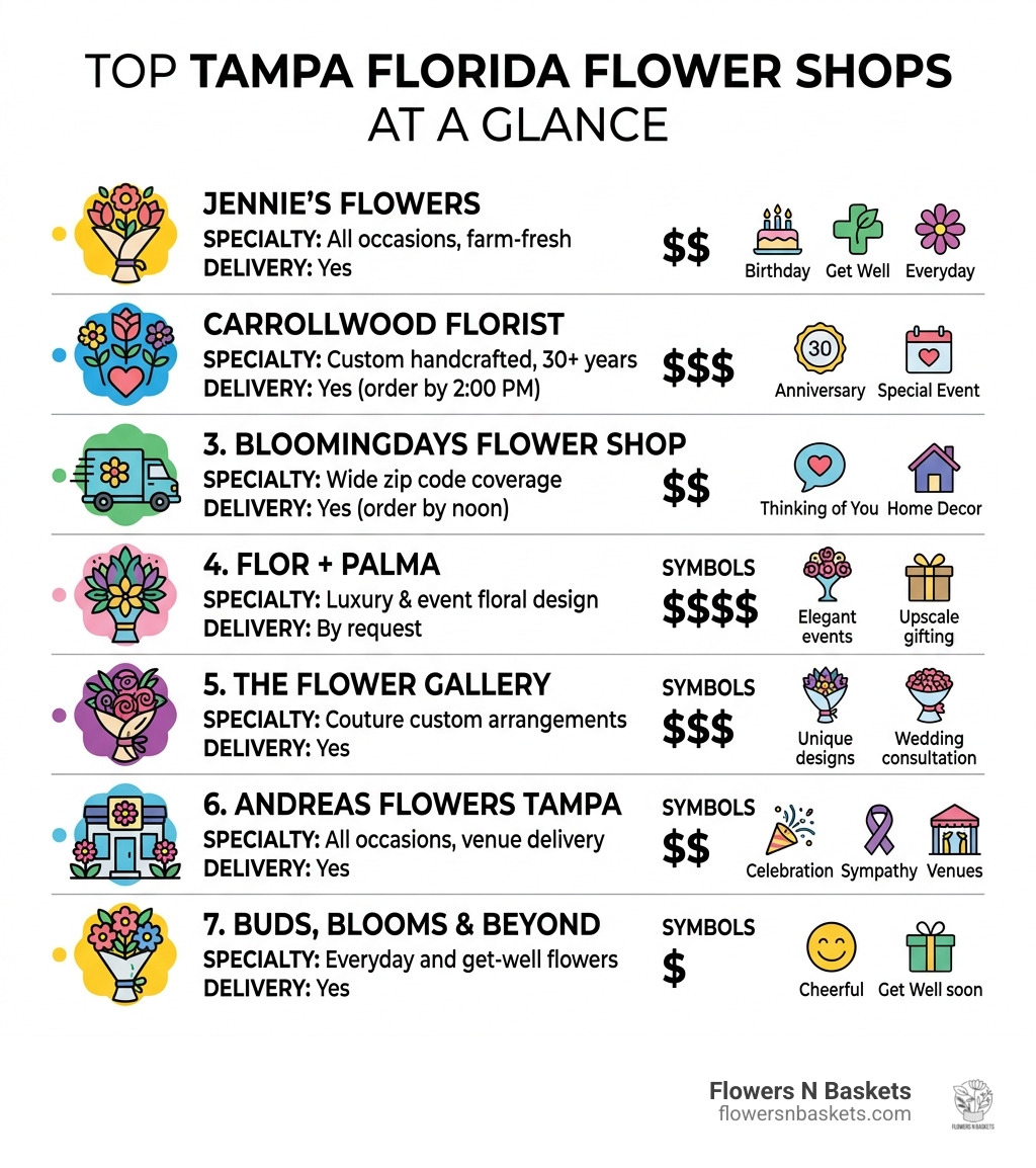 Infographic showing top Tampa Florida flower shops, price ranges, delivery options, and occasion specialties - flower shops