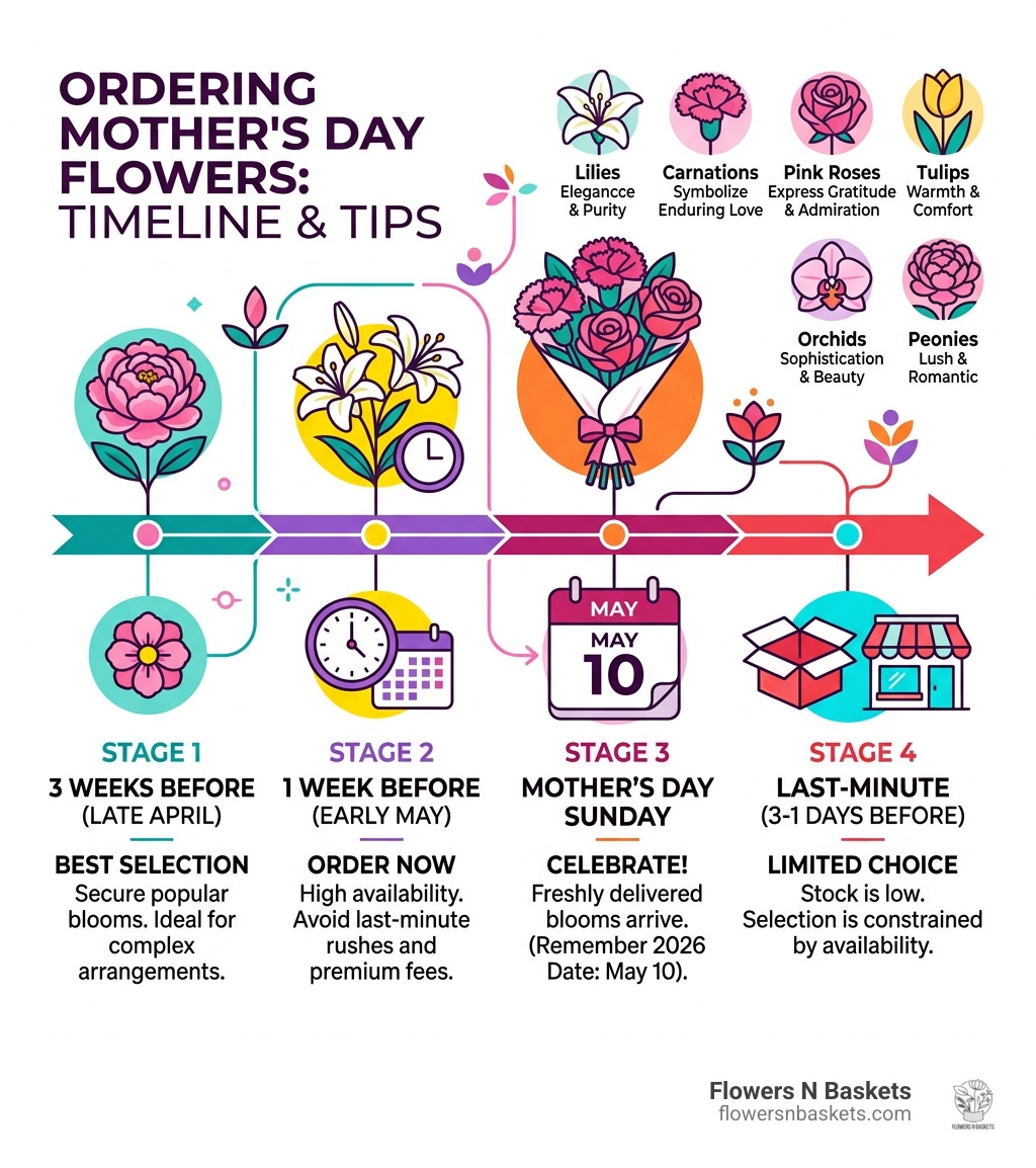 Timeline infographic for ordering Mother's Day flowers with key dates and flower types - bouquet for mother's day