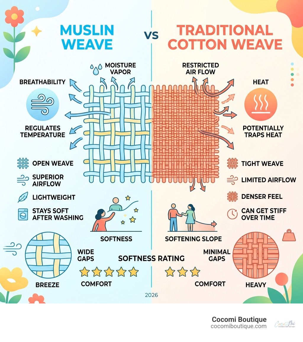 Comparison of muslin vs traditional cotton weave - muslin crib blanket infographic Comparison of muslin vs traditional cotton weave - muslin crib blanket infographic